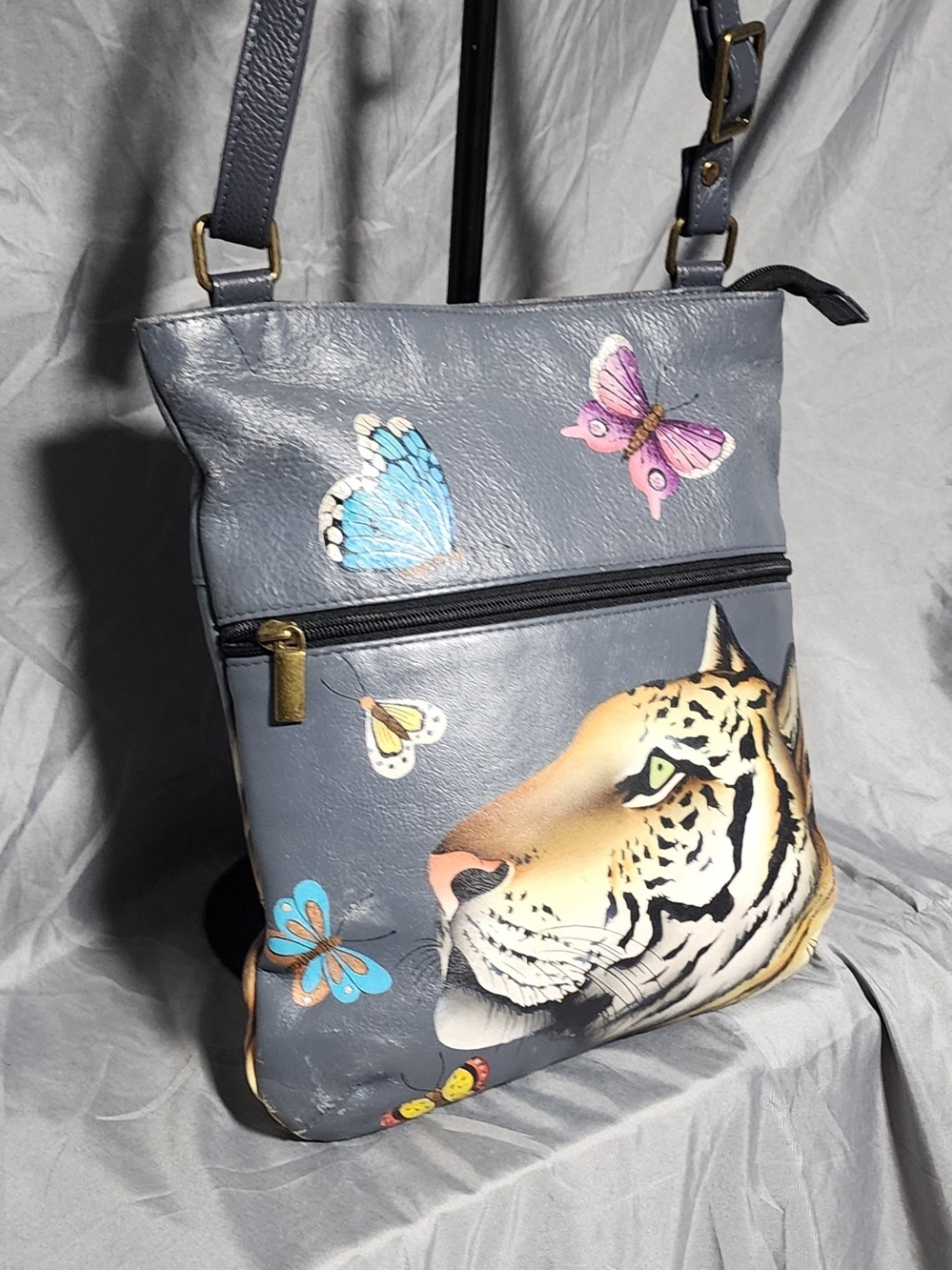 Anna By Anuschka Slim Leather Tiger Print Crossbody Bag Purse